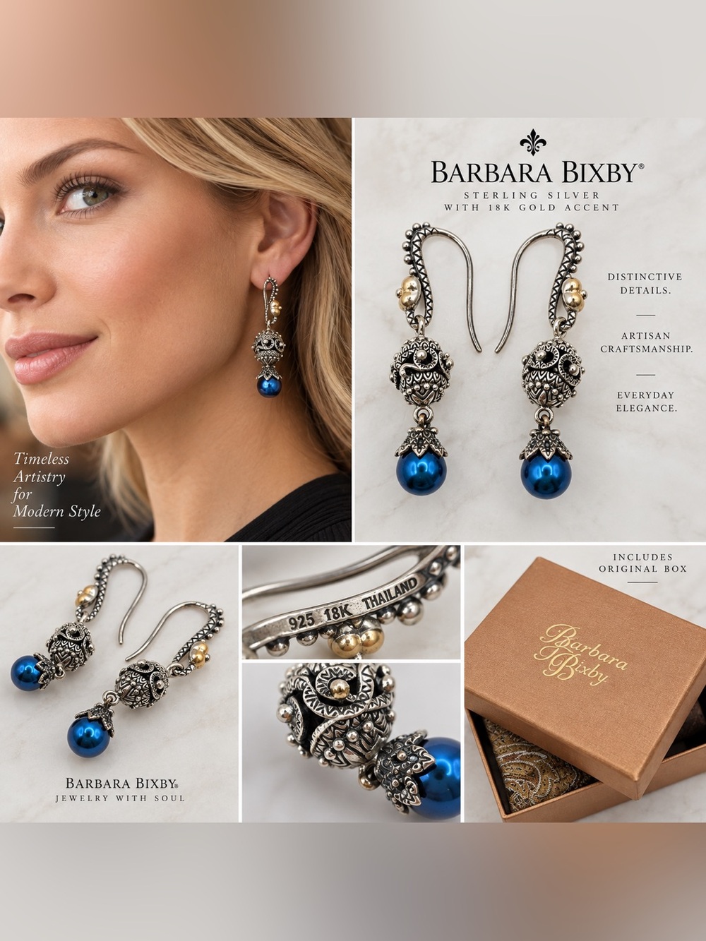 Barbara Bixby 925 Sterling Silver 18K Gold Blue Pearl Drop Earrings